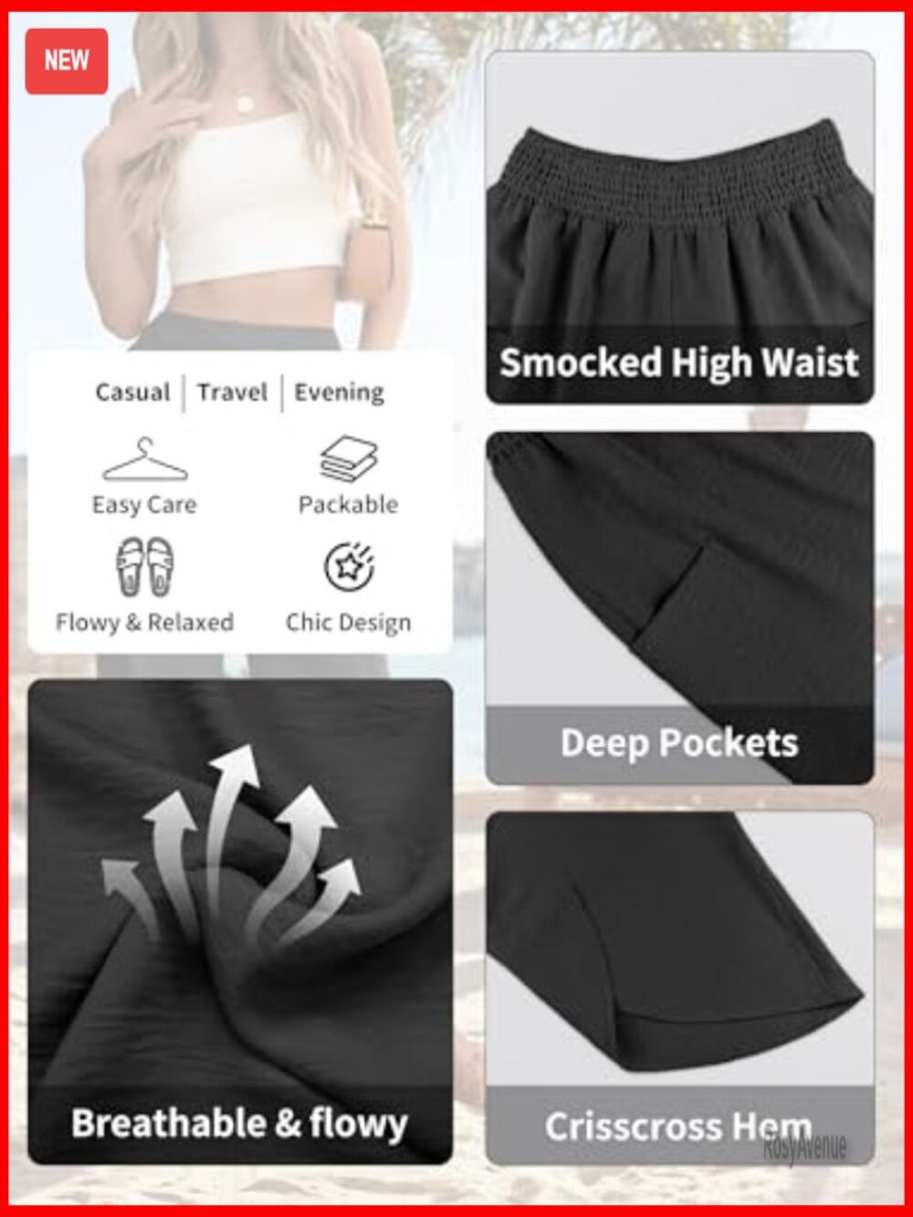 Wide Leg Palazzo Pants High Waisted Loose Fit Cropped Casual Lounge - Picture 6 of 7